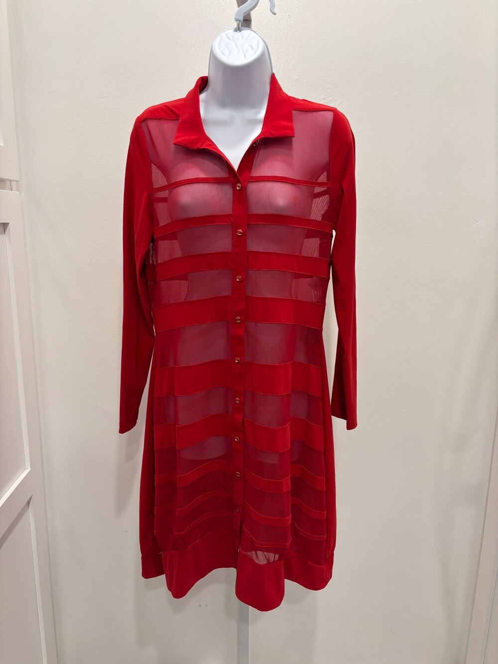 NWT INDIES France Luxury Red Sheer Mesh Striped Technical Dress Size T3 Medium
